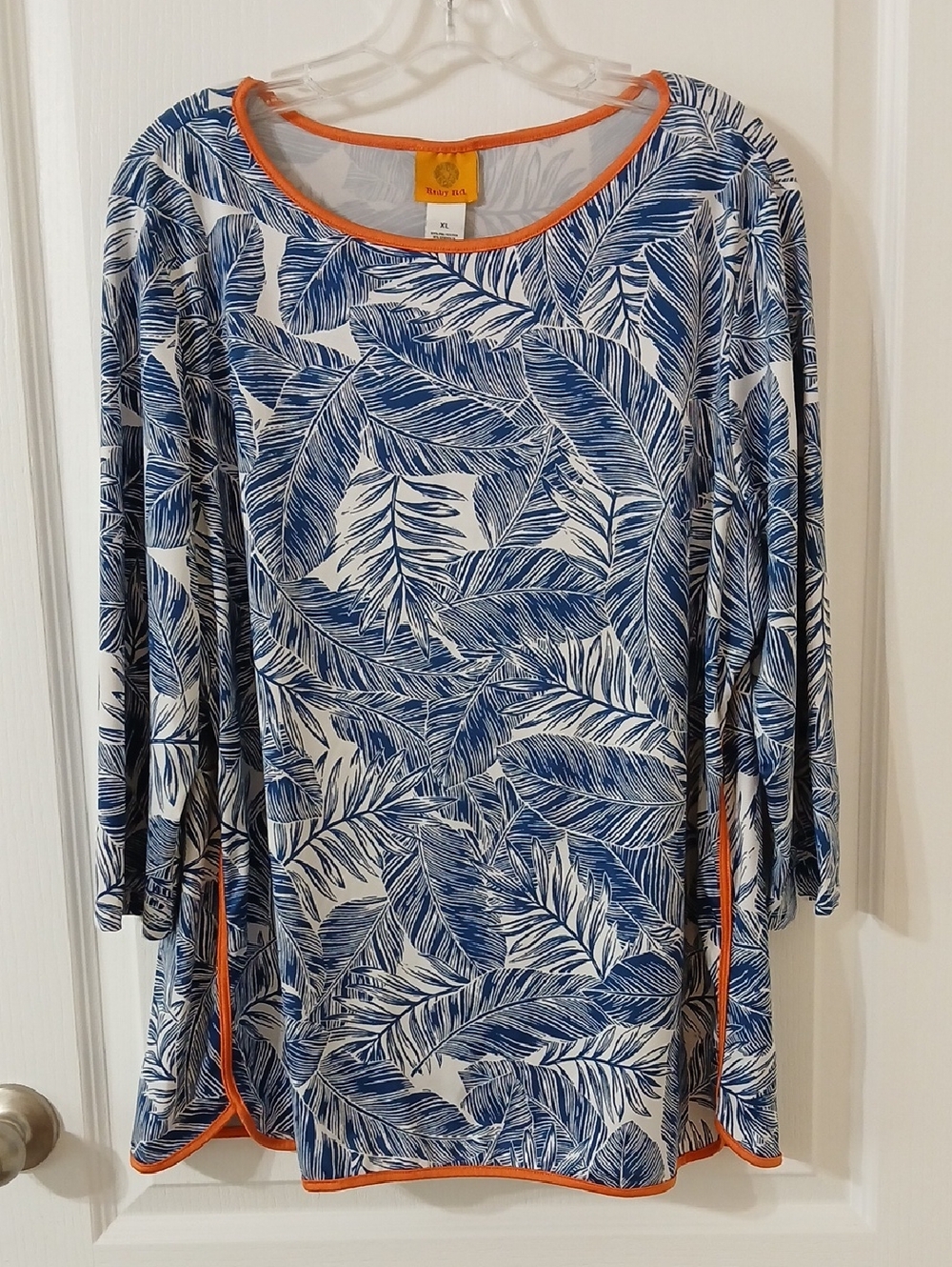 Ruby Rd. Blue Leaf-Print Tunic with Orange Trim